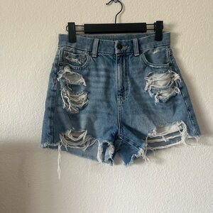 American Eagle Outfitters Blue Distressed Jean Shorts With Comfort Stretch Waist